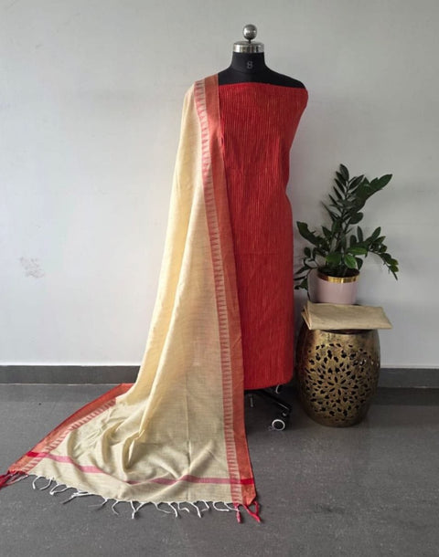 Cotton Handwoven Dress Material - Red Colour