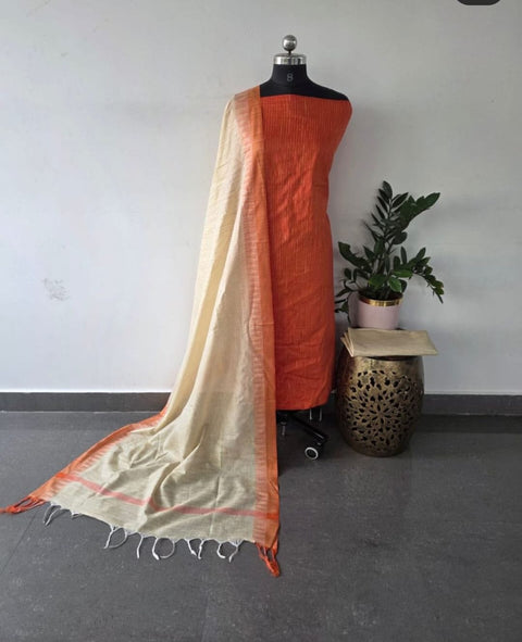 Cotton Handwoven Dress Material - Orange Colour