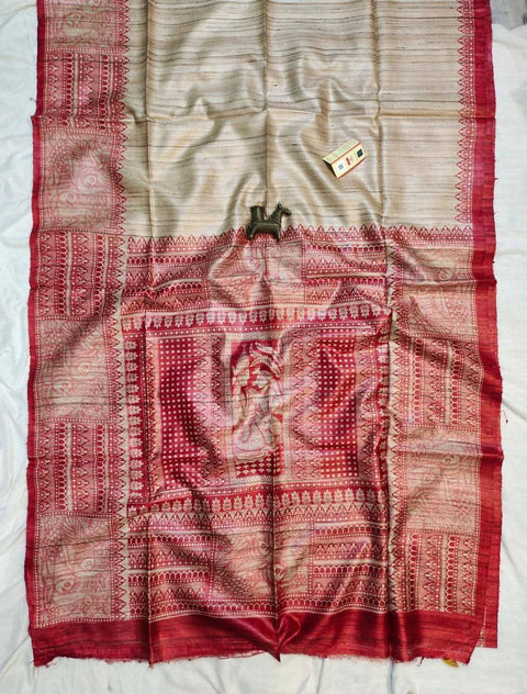 Pure Ghicha Silk Saree Screen Print - Red & Beige Color