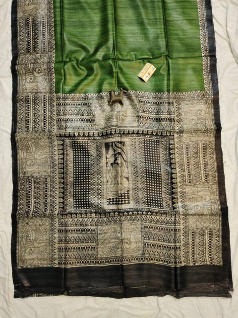 Pure Ghicha Silk Saree Screen Print - Green Color