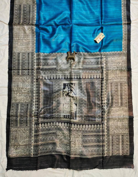 Pure Ghicha Silk Saree Screen Print - Blue Color