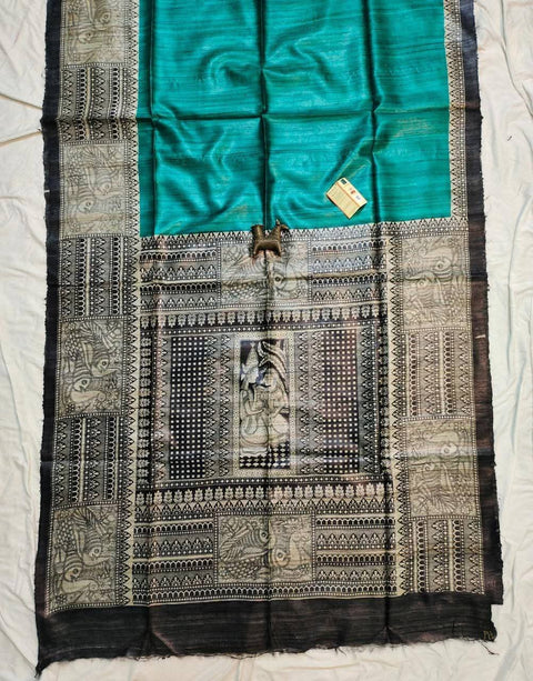 Pure Ghicha Silk Saree Screen Print - Sea Green Color