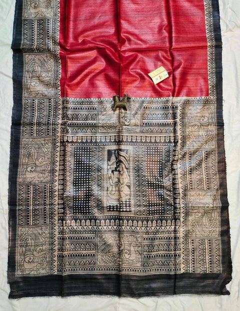 Pure Ghicha Silk Saree Screen Print - Red Color