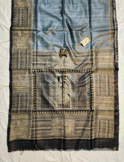 Pure Ghicha Silk Saree Screen Print - Grey Color