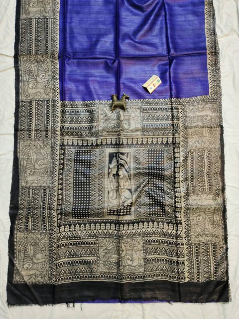 Pure Ghicha Silk Saree Screen Print - Navy Blue Color
