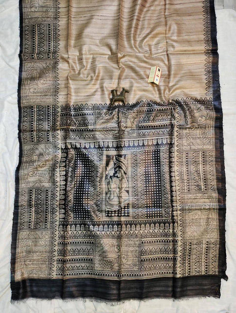 Pure Ghicha Silk Saree Screen Print - Beige Color