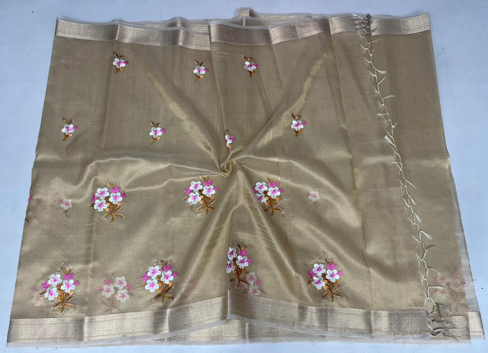 Semi Silk Kota Doria Embroidery Work Sarees - Color Type-1