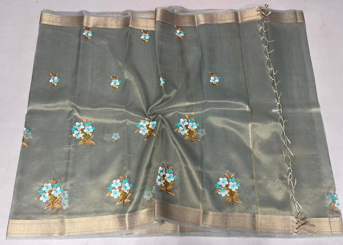 Semi Silk Kota Doria Embroidery Work Sarees - Color Type-2