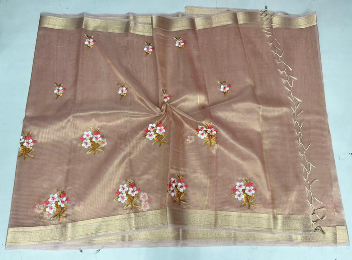 Semi Silk Kota Doria Embroidery Work Sarees - Onion Pink