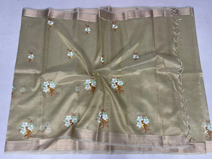 Semi Silk Kota Doria Embroidery Work Sarees - Color Type-3