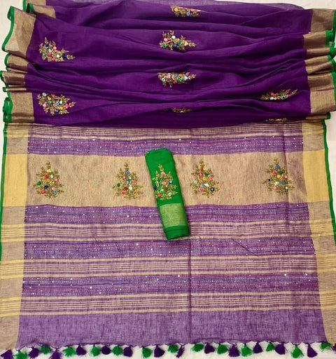 French Knot Embroidered Pure Linen Saree - Purple Color