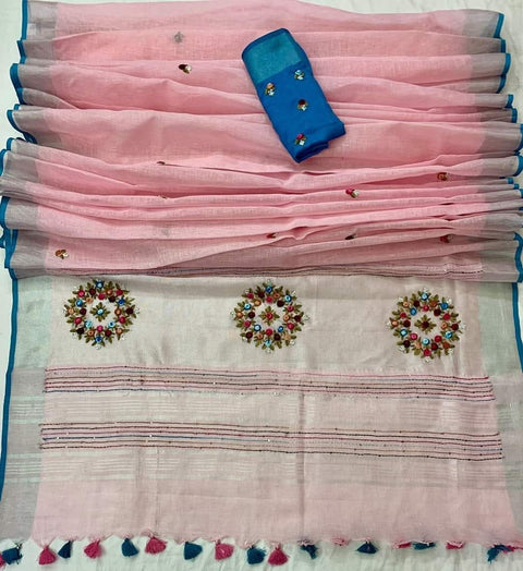 French Knot Embroidered Pure Linen Saree - Pink Colour