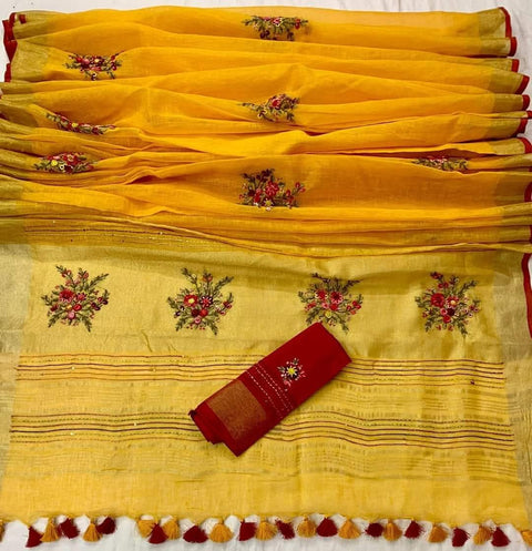French Knot Embroidered Pure Linen Saree - Yellow Color