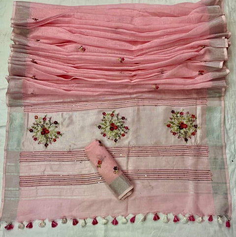 French Knot Embroidered Pure Linen Saree - Light Pink Color