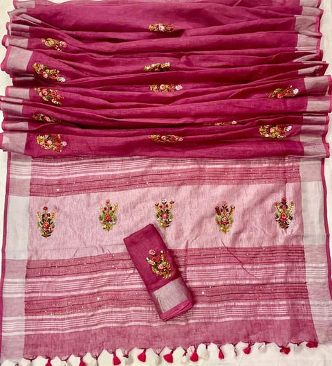 French Knot Embroidered Pure Linen Saree - Rani Pink Color