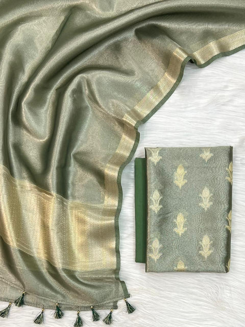 Banarasi Tissue Silk Dress Material - Green Color
