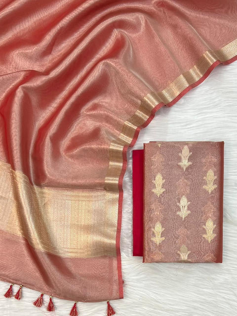 Banarasi Tissue Silk Dress Material - Red Color