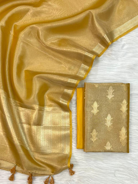 Banarasi Tissue Silk Dress Material - Yellow Color