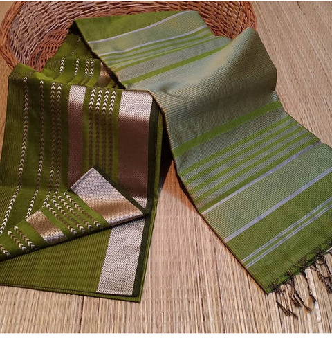 Maheshwari Semi Silk Saree With Copper Weaving Design - Pista Green Color