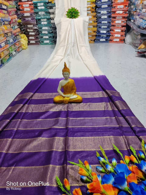 Kota Woven Viscose Silk Saree With Zari Pallu - White & Purple Color