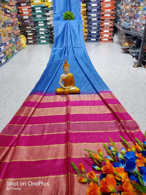 Kota Woven Viscose Silk Saree With Zari Pallu - Blue & Pink Color