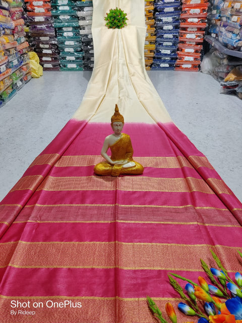 Kota Woven Viscose Silk Saree With Zari Pallu - White & Pink Color
