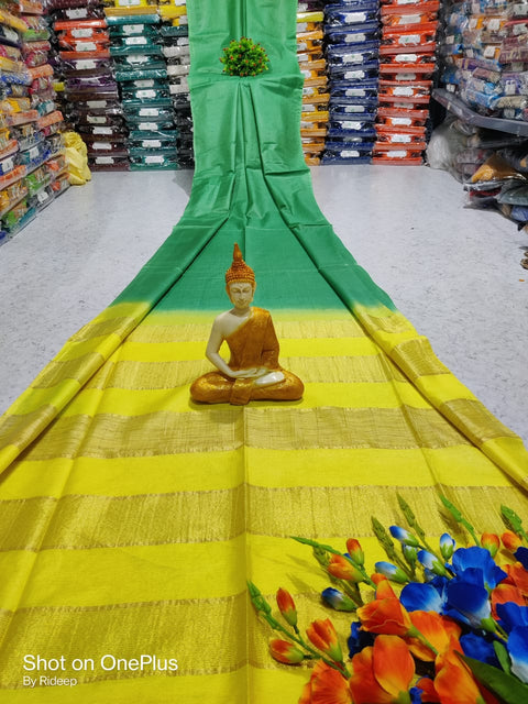 Kota Woven Viscose Silk Saree With Zari Pallu - Green & Yellow Color