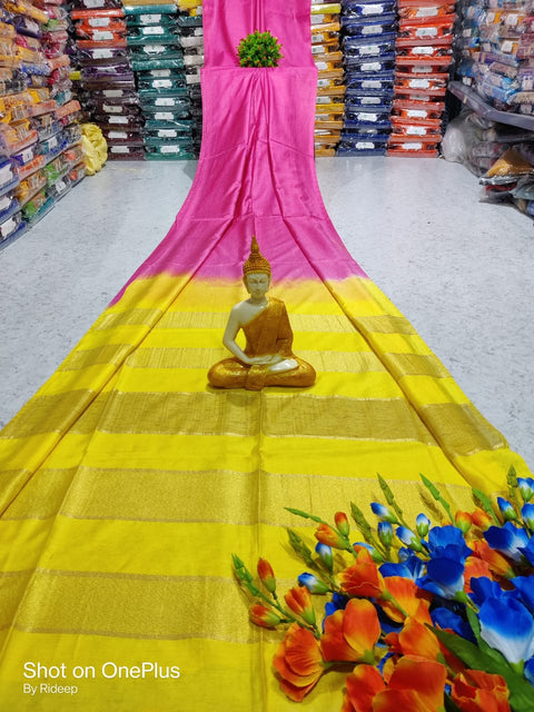 Kota Woven Viscose Silk Saree With Zari Pallu - Pink & Yellow Color