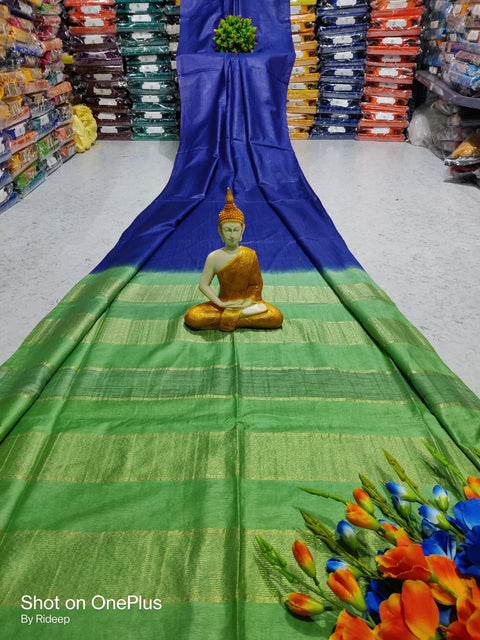 Kota Woven Viscose Silk Saree With Zari Pallu - Green & Blue Color