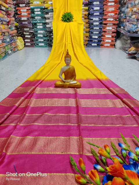Kota Woven Viscose Silk Saree With Zari Pallu - Pink & Yellow Color