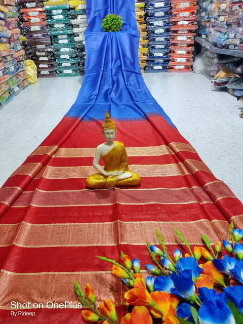 Kota Woven Viscose Silk Saree With Zari Pallu - Red & Blue Color