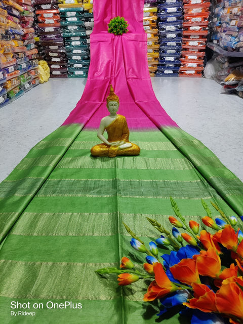 Kota Woven Viscose Silk Saree With Zari Pallu - Green & Pink Color