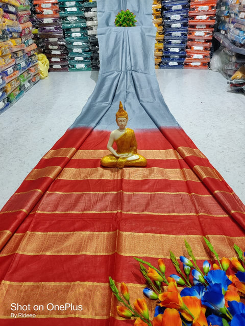 Kota Woven Viscose Silk Saree With Zari Pallu - Grey & Red Color