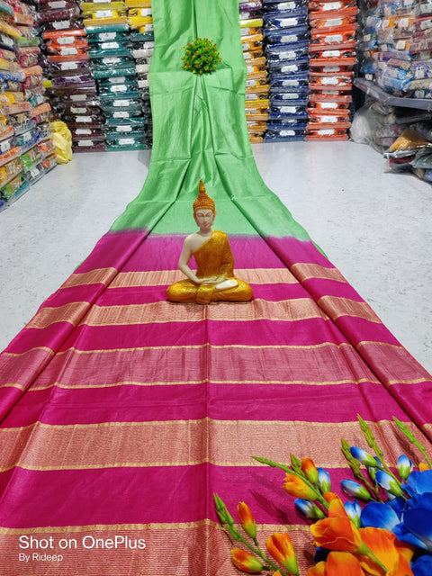 Kota Woven Viscose Silk Saree With Zari Pallu - Green & Pink Color