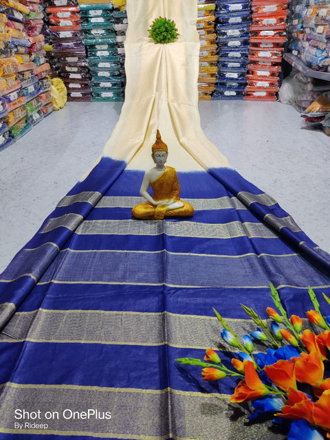 Kota Woven Viscose Silk Saree With Zari Pallu - White & Blue Color