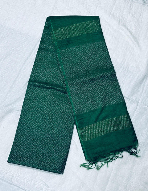 Cotton Silk Geometric Design Woven Saree- Dark Green Color