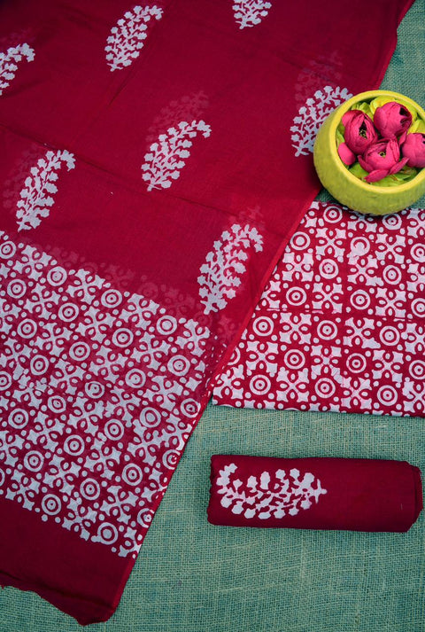 Hand Batik Printed Pure Cotton Dress Material - Red Color