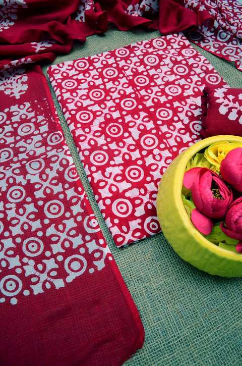 Hand Batik Printed Pure Cotton Dress Material - Red Color
