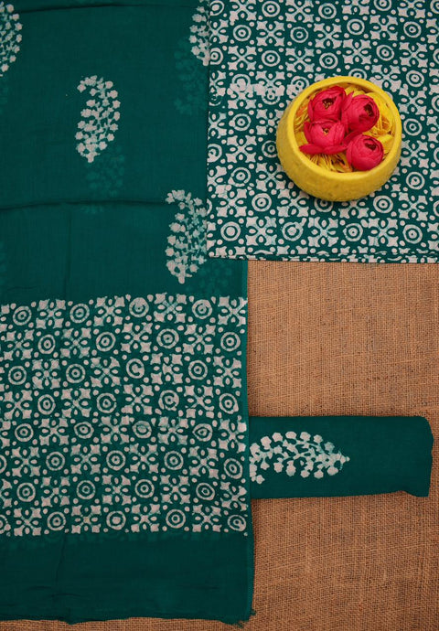 Hand Batik Printed Pure Cotton Dress Material - Green Color