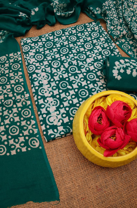 Hand Batik Printed Pure Cotton Dress Material - Green Color