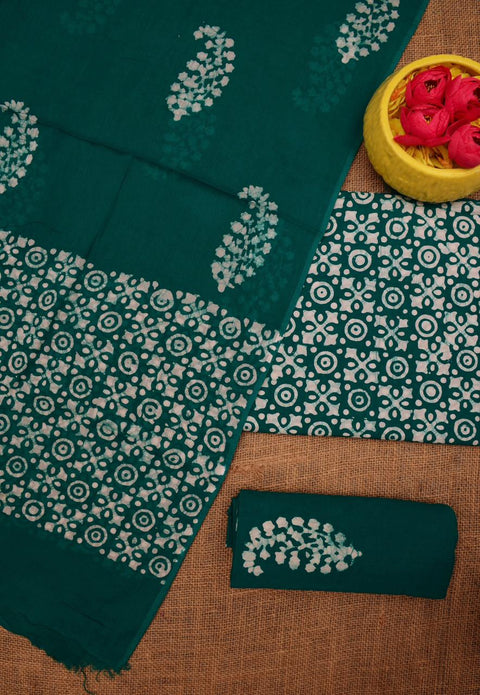 Hand Batik Printed Pure Cotton Dress Material - Green Color