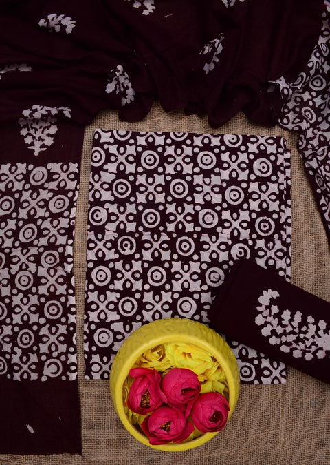 Hand Batik Printed Pure Cotton Dress Material - Maroon Color