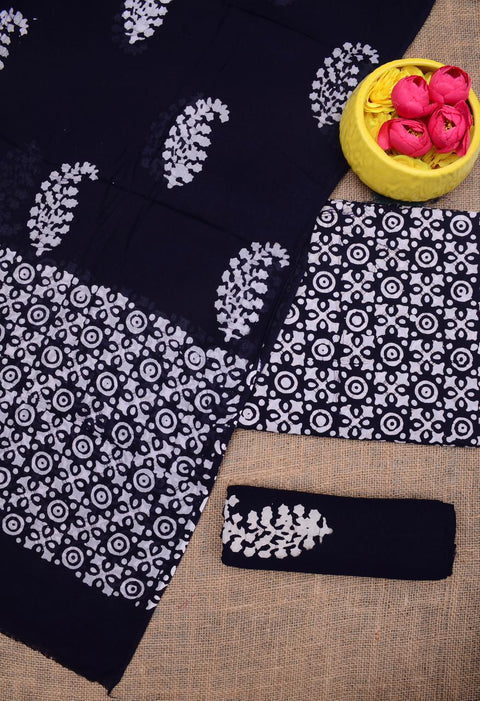 Hand Batik Printed Pure Cotton Dress Material - Navy Blue Color