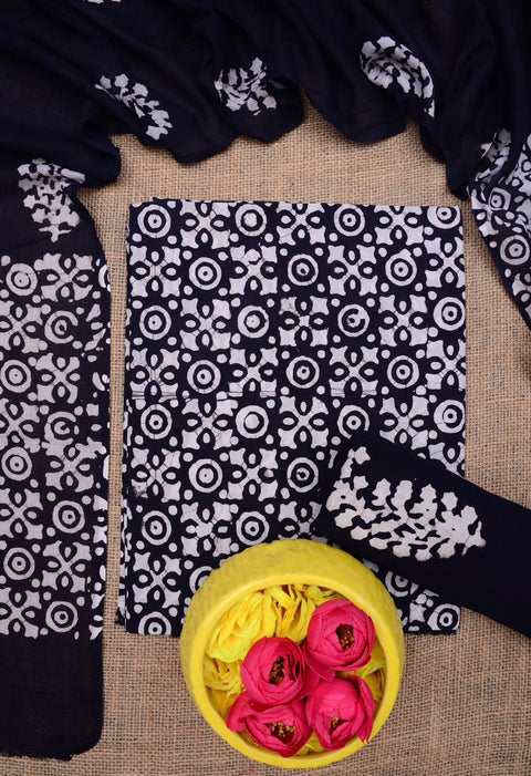 Hand Batik Printed Pure Cotton Dress Material - Navy Blue Color