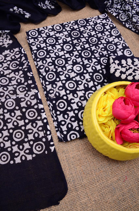 Hand Batik Printed Pure Cotton Dress Material - Navy Blue Color