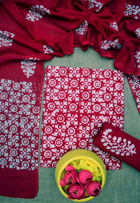 Hand Batik Printed Pure Cotton Dress Material - Red Color