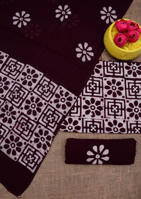 Pure Cotton Hand Batik Printed Dress Material - Maroon Color