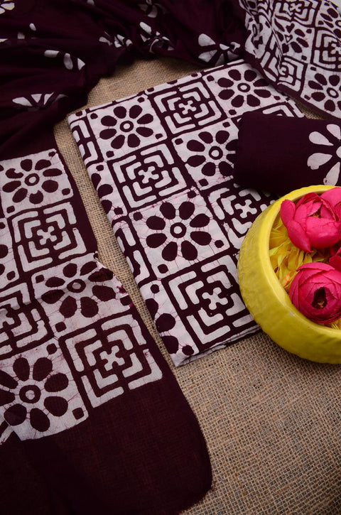 Pure Cotton Hand Batik Printed Dress Material - Maroon Color