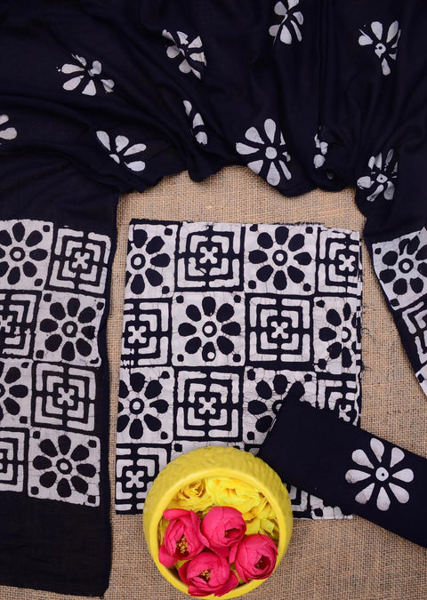 Pure Cotton Hand Batik Printed Dress Material - Navy Blue Color