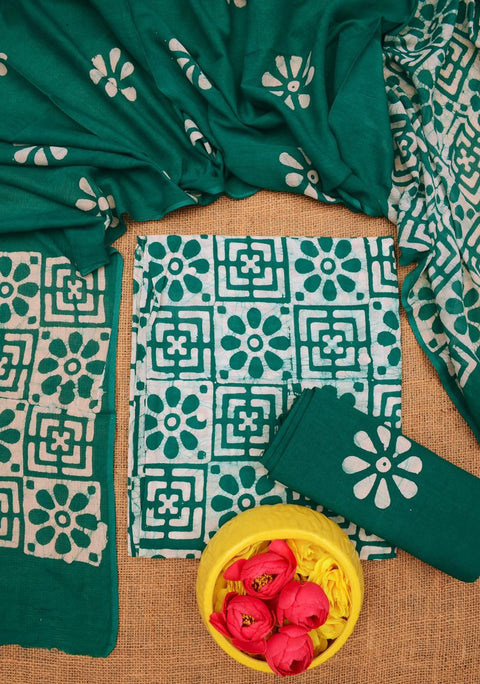 Pure Cotton Hand Batik Printed Dress Material - Green Color